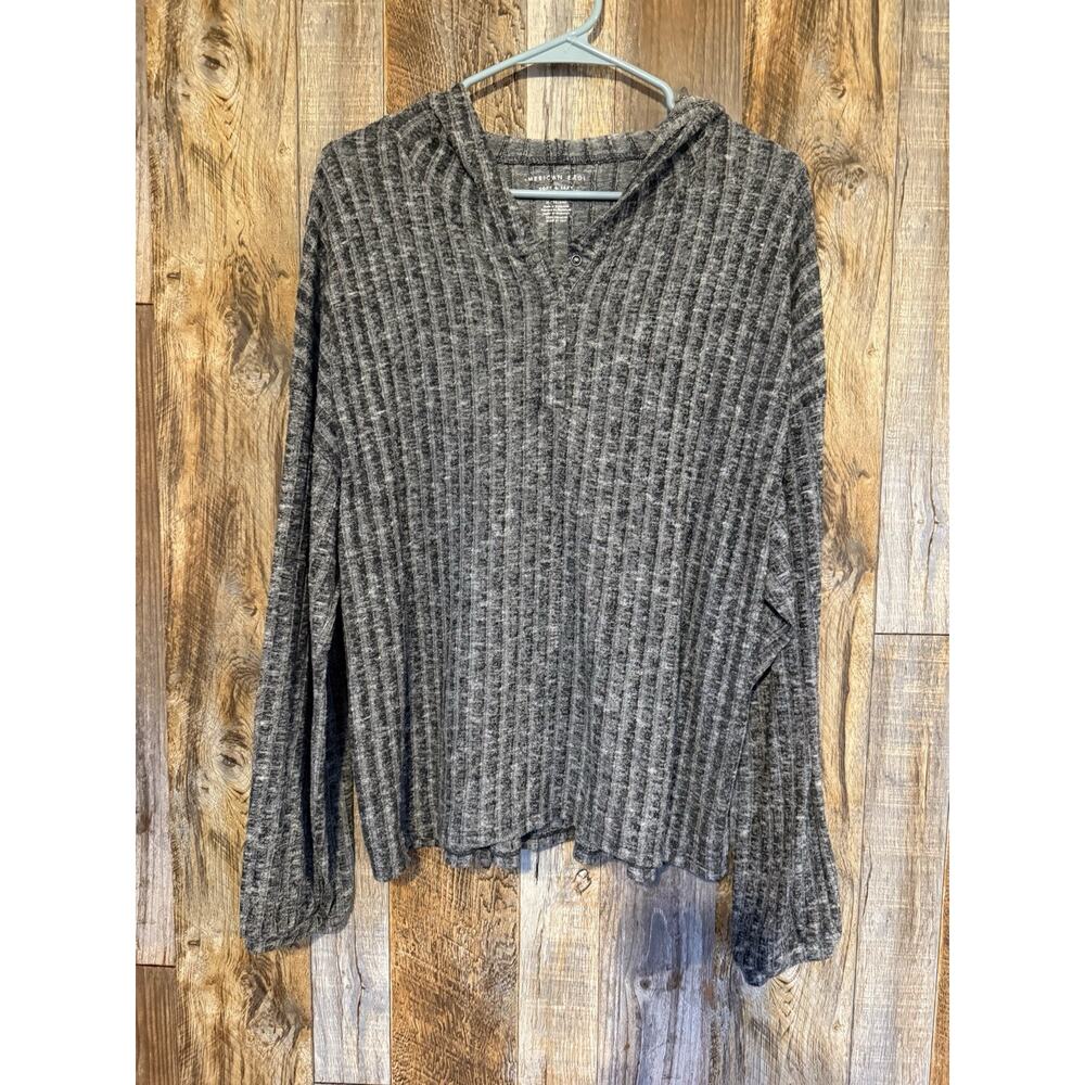 American Eagle Soft & Sexy Plush Hooded Top XL Gray Knit Henley Bell Sleeve